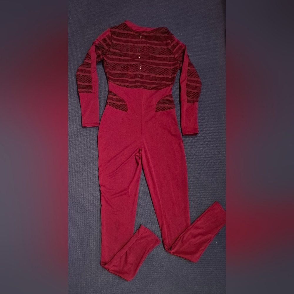 * NWOT* XOXO Burgundy Mesh Layering One Piece Zip Front Jumpsuit - XS.